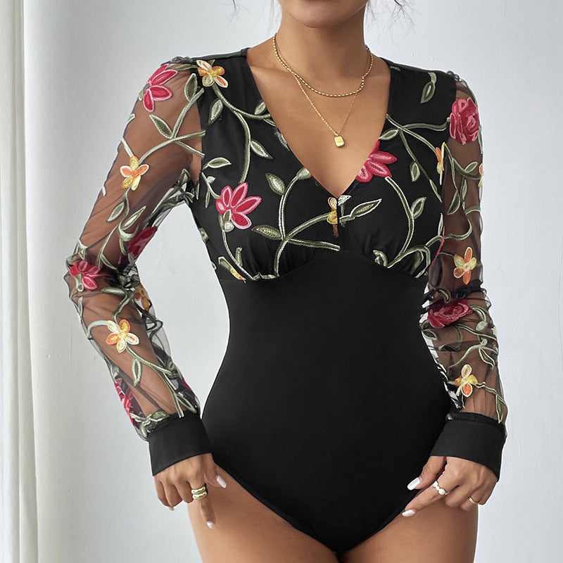 Women Clothing Mesh Black Stitching Long Sleeved Jumpsuit