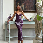 Summer Vacation Deep V Plunge neck Mesh Floral Print Backless Strap Dress