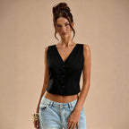 Sexy V neck SL Top Women Back Cross Button Waist Slimming