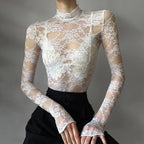 Women's Lace Turtleneck Long Sleeve Crop Top