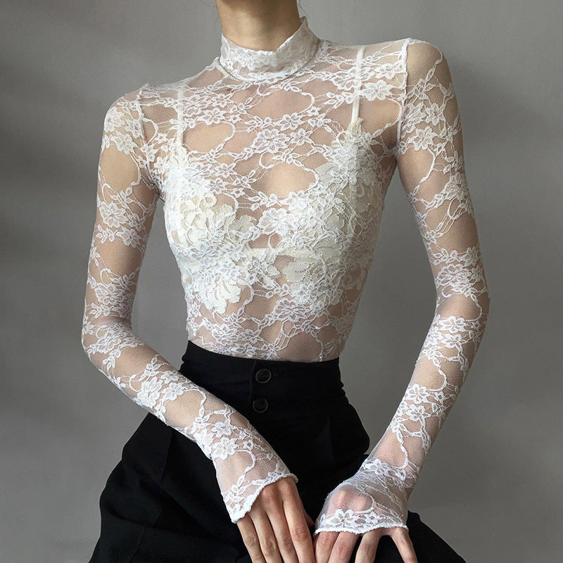 Women's Lace Turtleneck Long Sleeve Crop Top