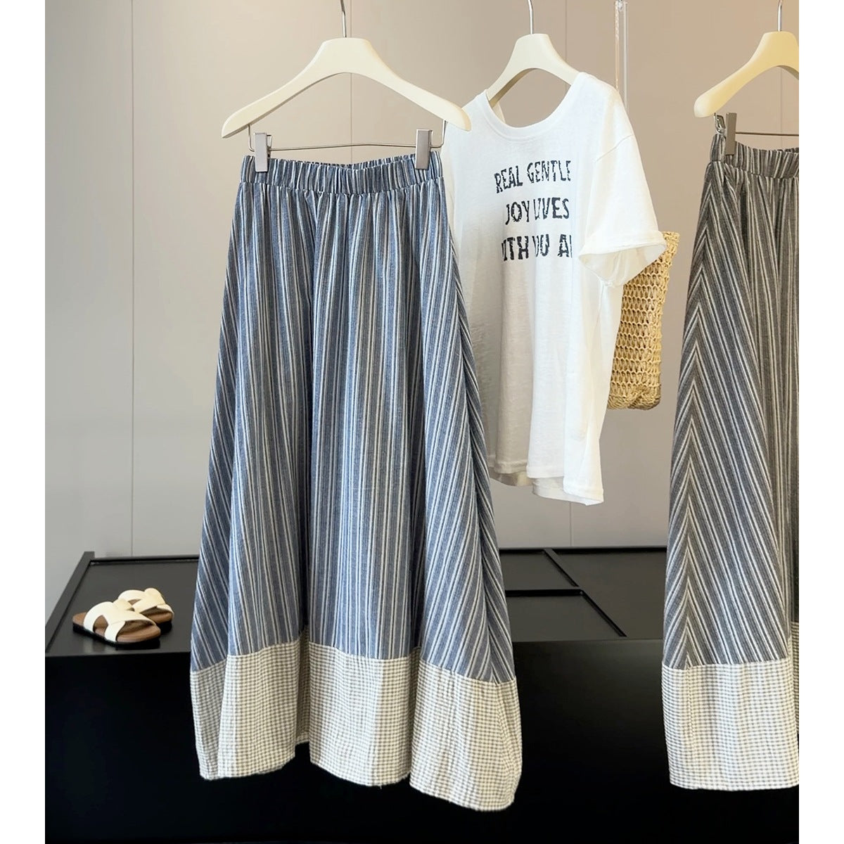 Retro Plaid Stitching Striped Skirt Women Summer HW