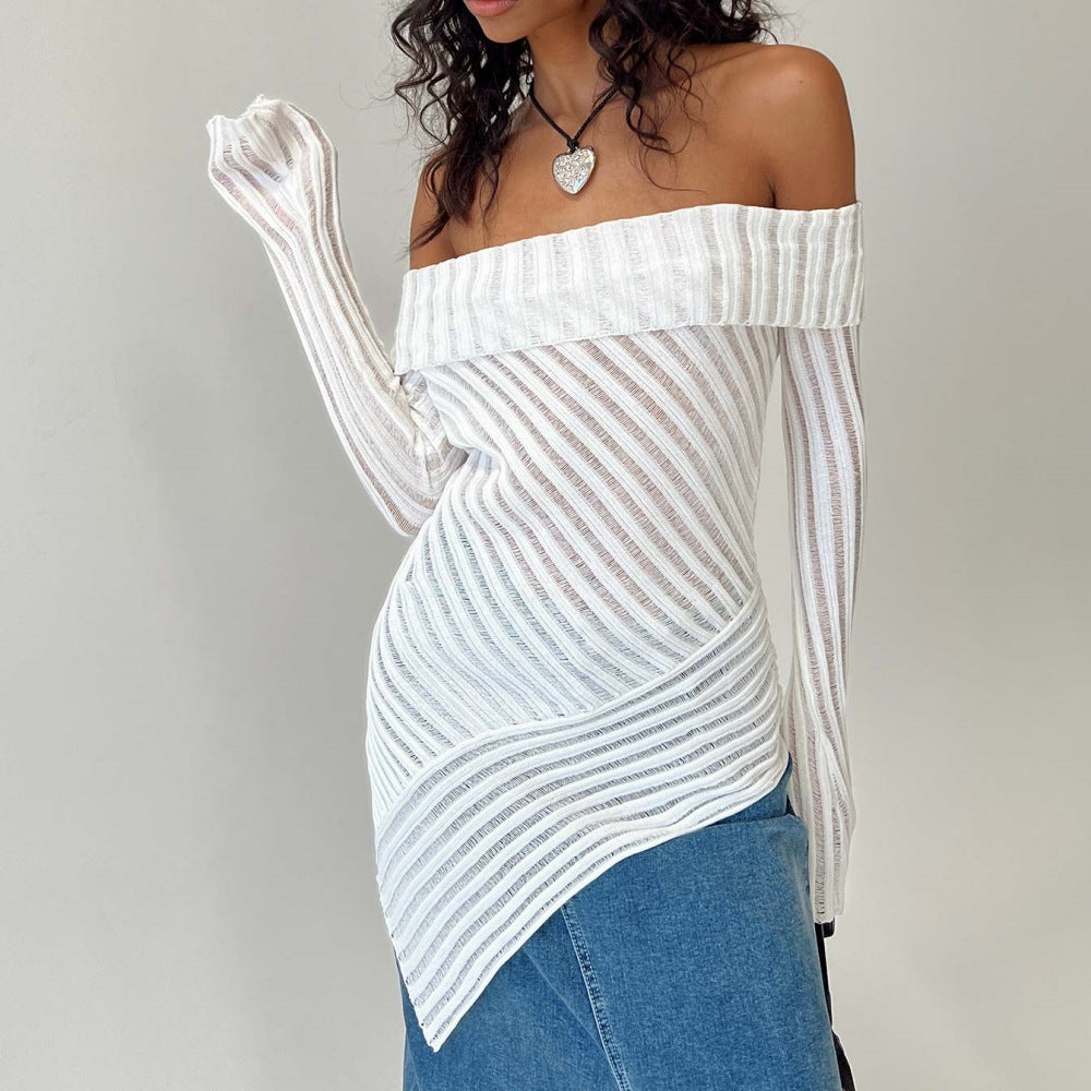 Women's Shoulder Long Sleeve Knitted Woolen Slim Fit Outerwear Top