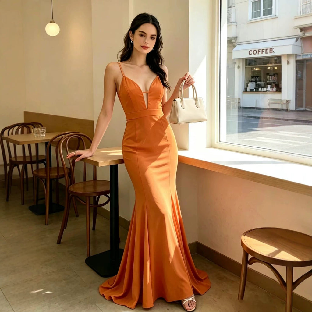 Women's Backless V-Neck Fishtail Maxi Dress