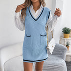 Autumn Winter Casual Women Sweater SL V neck Pocket Knitted