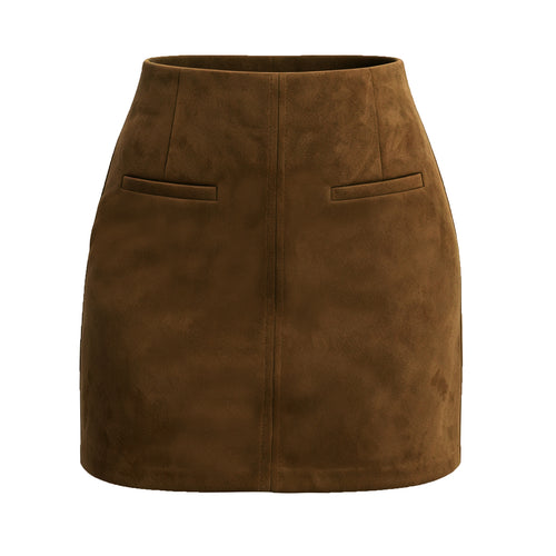 High-waist suede mini skirt with front flap pockets and zipper, brown.