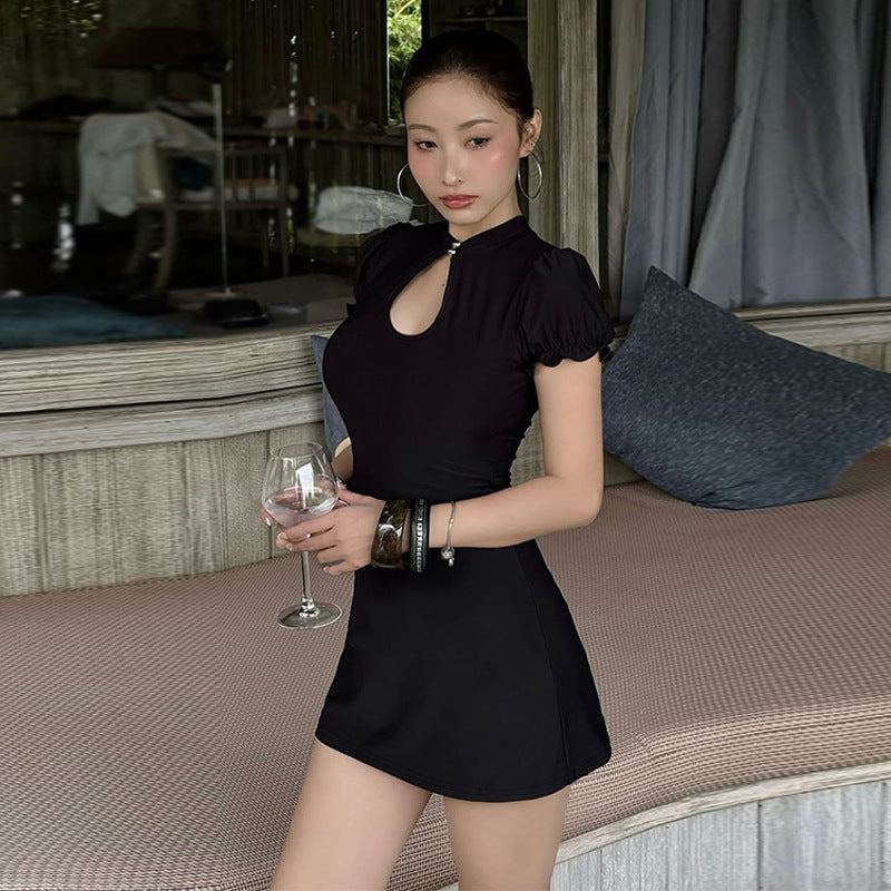 Stand-Collar Cutout Puff-Sleeve Bodycon Mini Dress