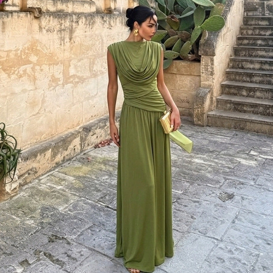 Women's Olive Green Pleated-Waist Maxi Evening Dress