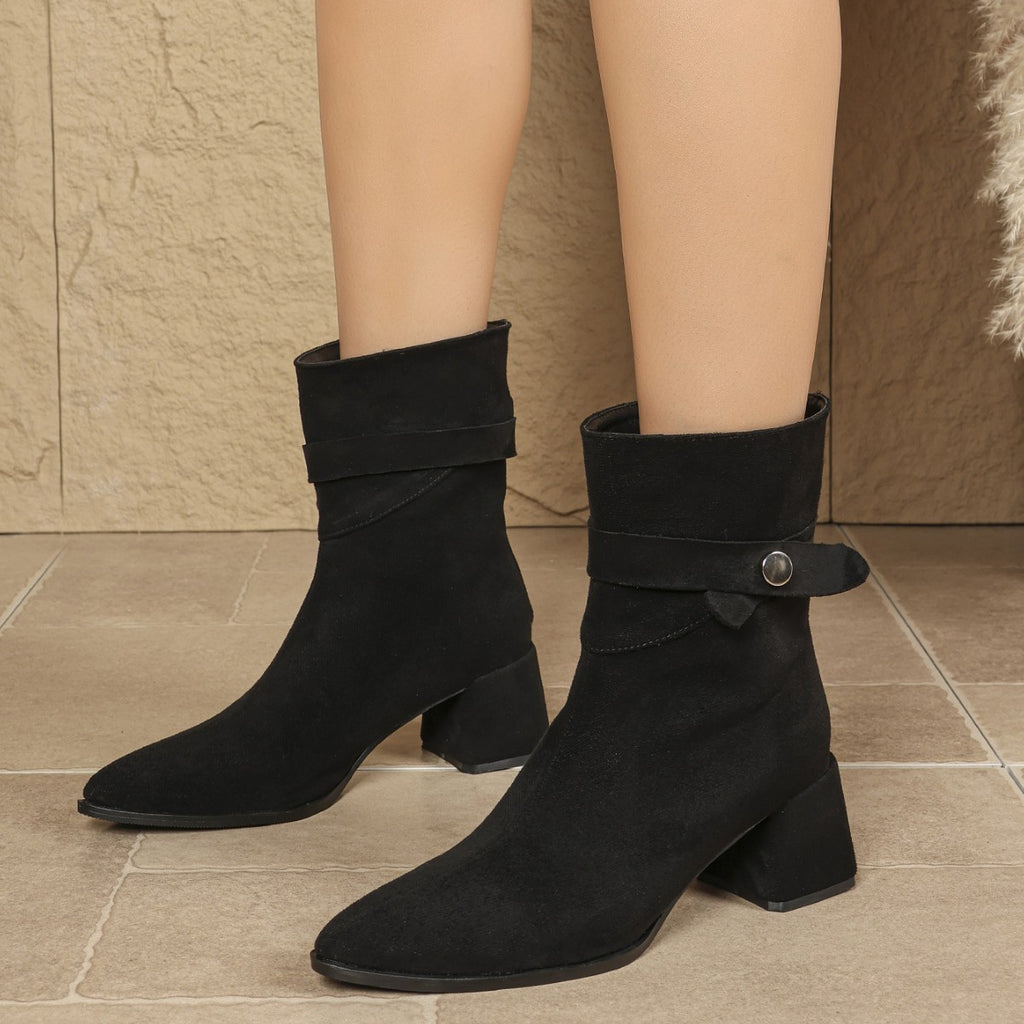 Chunky Heel Middle Boots Slimming Pointed Toe Pile Boots Knight Boots Maillard Ankle Boots Knee High Boots Martin Boots