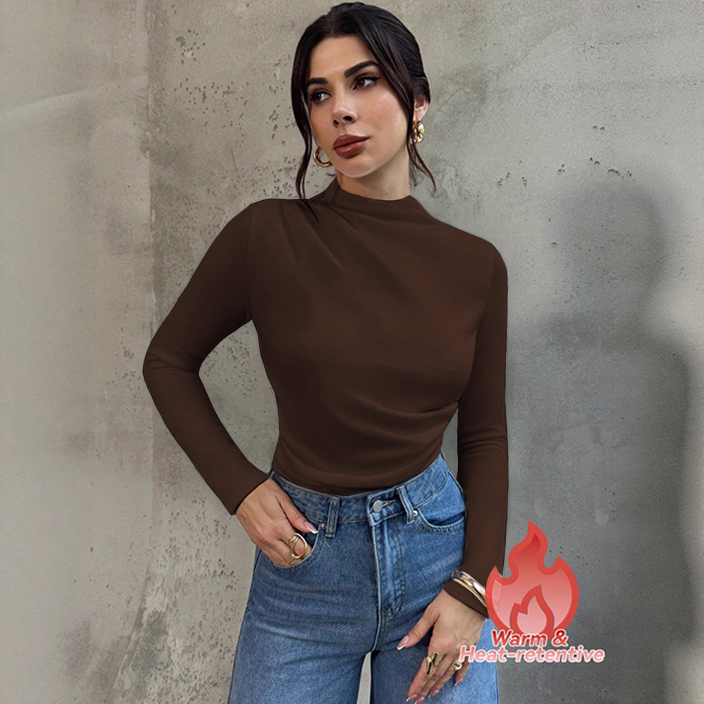 Women's Pleated Mock Neck Long Sleeve Top