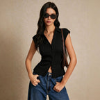 Elegant Collared SL Top Women Summer Black V neck Button