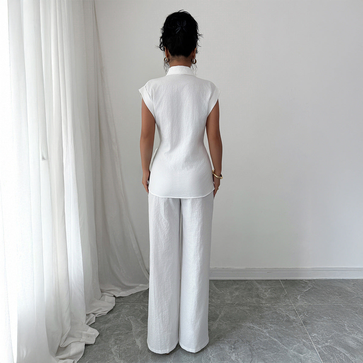 Summer Elegant Shirt Short-Sleeve Straight Leg Pants Set