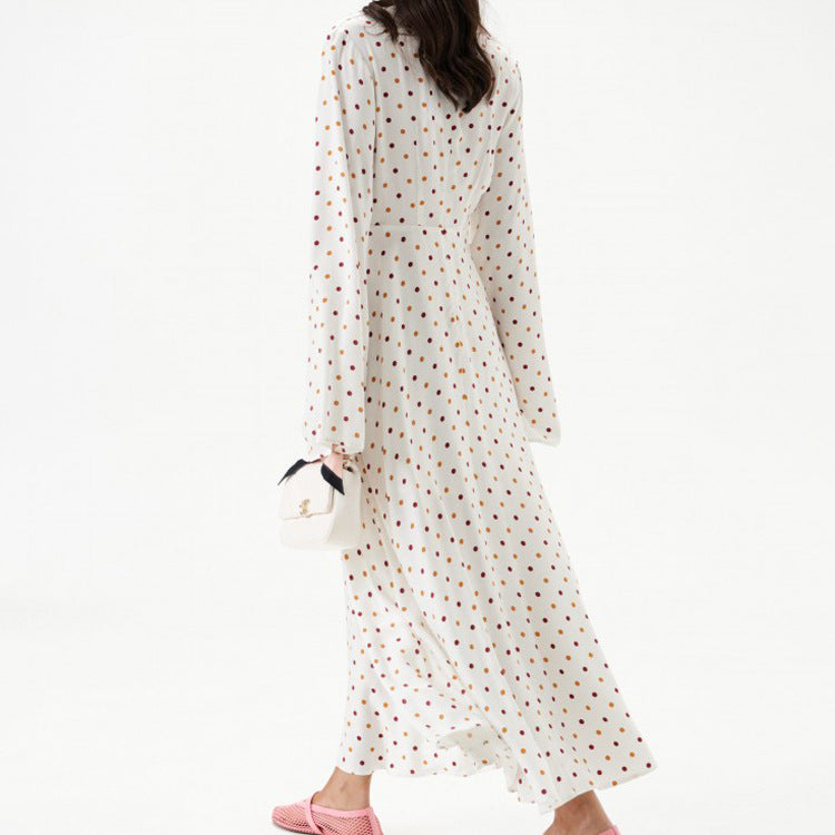 Women's polka dot long-sleeve dress with V-neck tie and full skirt hem