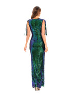 Women's Green Sequin Fringe Bodycon Evening Maxi Dress