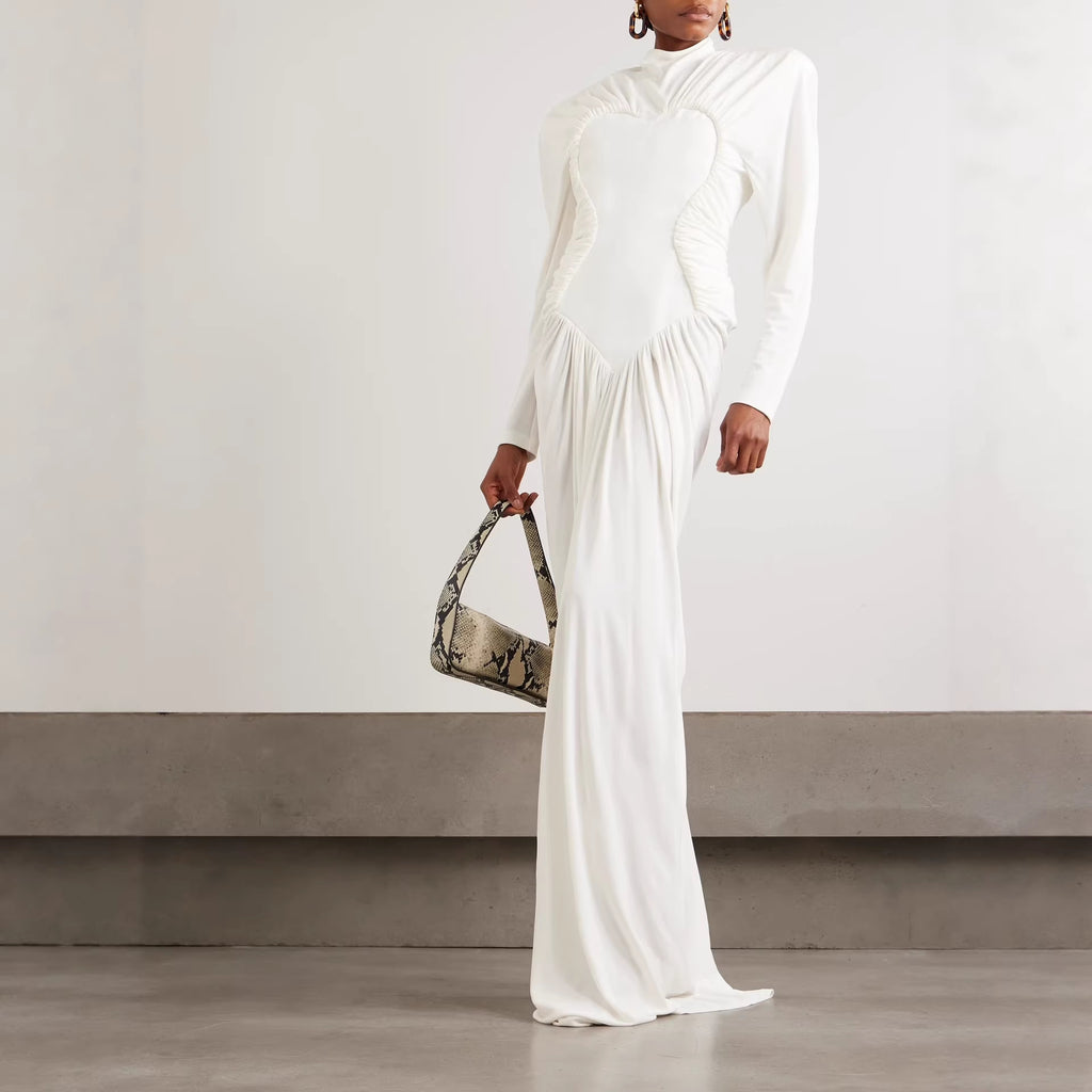 White Dress Three Dimensional Heart Shaped Pleated Waist Tight Maxi Dress Show Dinner