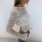 Women's Autumn Winter Sequin Fishnet Sexy Two Way Wearing Long Sleeved Top