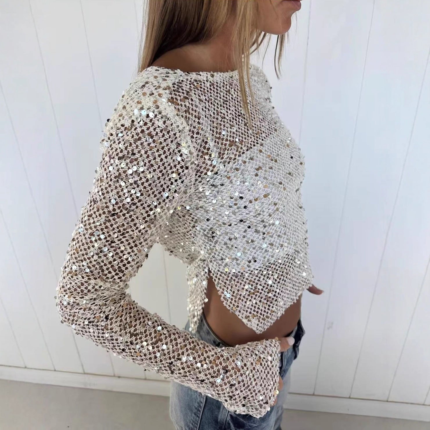Women's Autumn Winter Sequin Fishnet Sexy Two Way Wearing Long Sleeved Top