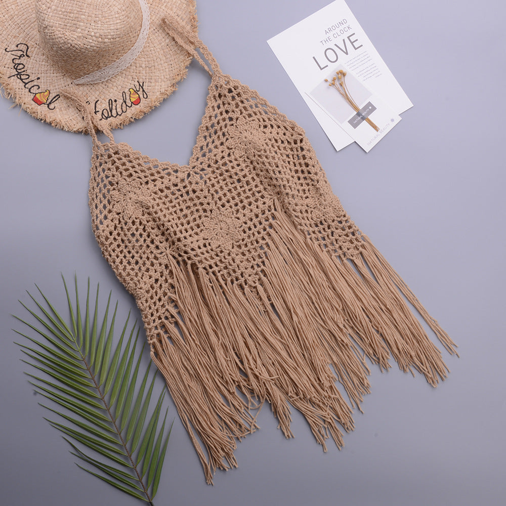 Khaki crochet one-piece swimsuit with long fringe tassels and V-neck front