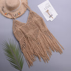 Khaki crochet one-piece swimsuit with long fringe tassels and V-neck front