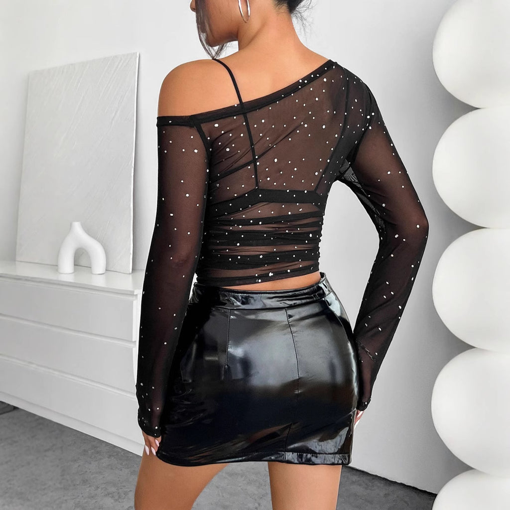 Women’s Black Sheer Sequin Asymmetric Mesh Top