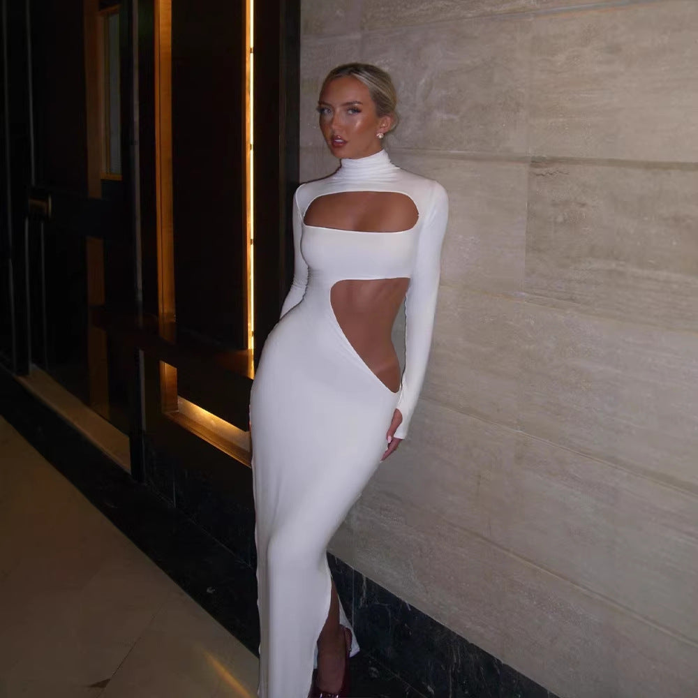 Sexy Dress Turtleneck Long Sleeve Cutout Tight Slim Solid Color