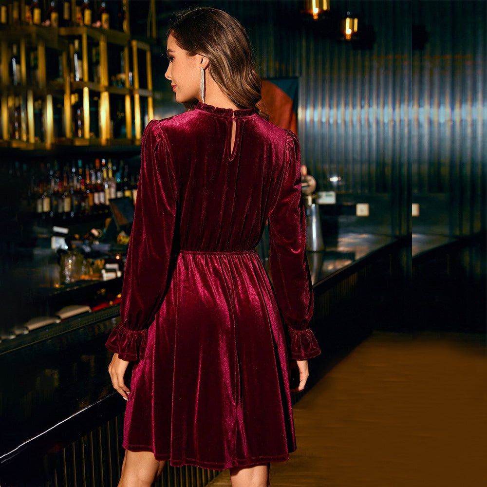 Women's Velvet Party Elegant Half Turtleneck Waist Slimming A Swing