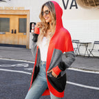 Women's Mid Length Hooded Knit Cardigan Autumn Winter Contrast