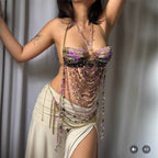 Niche Handmade Chain Beaded Suspenders Halter Two Piece Sets Top