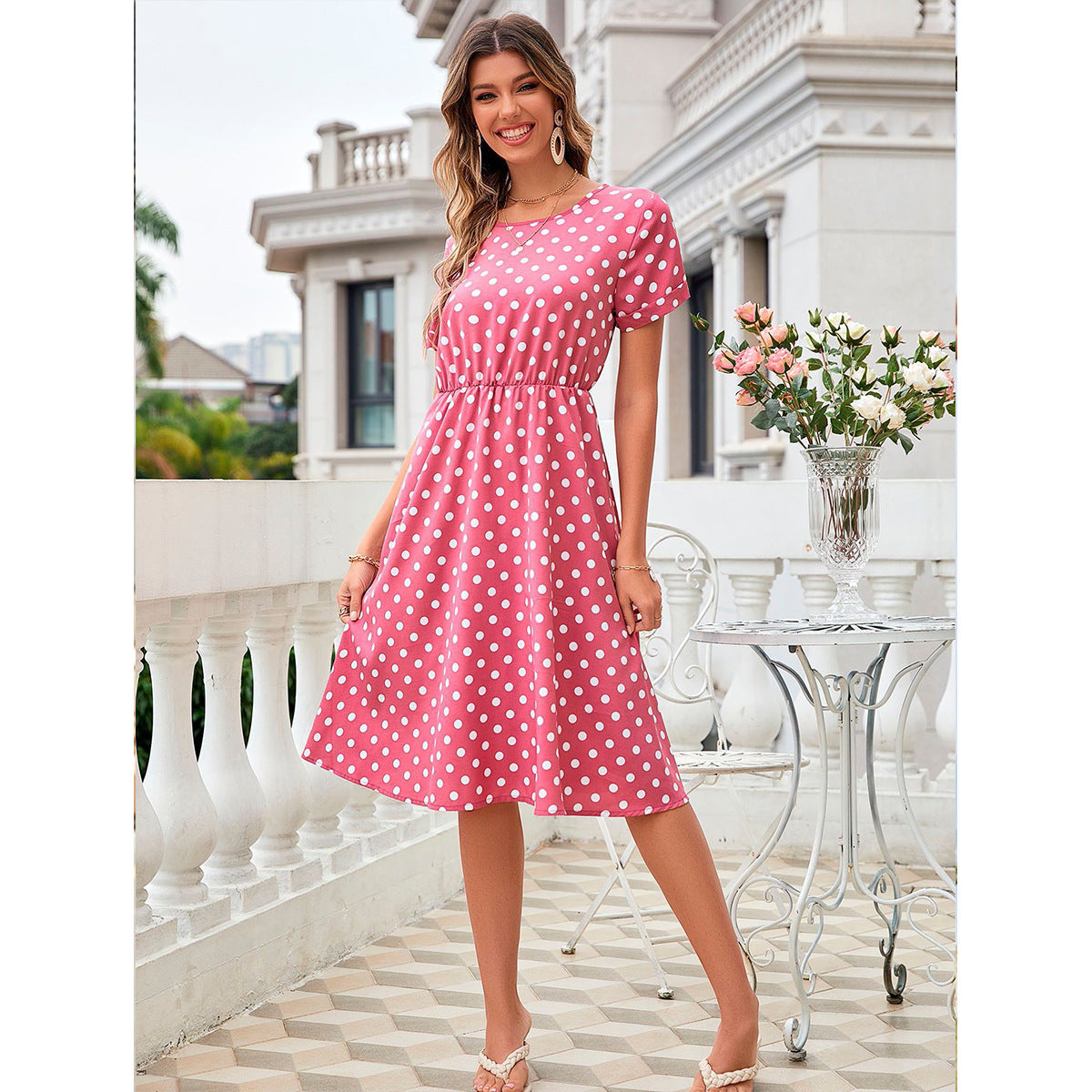 Women Clothing Comfortable Vacation Casual Chiffon Polka Dots Slimming Dress