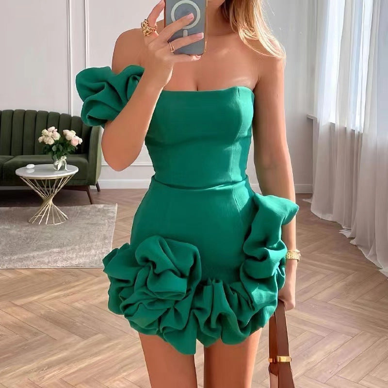 Summer Dress Ruffled Bud Tight Waist One-Shoulder Strapless Hip Dres
