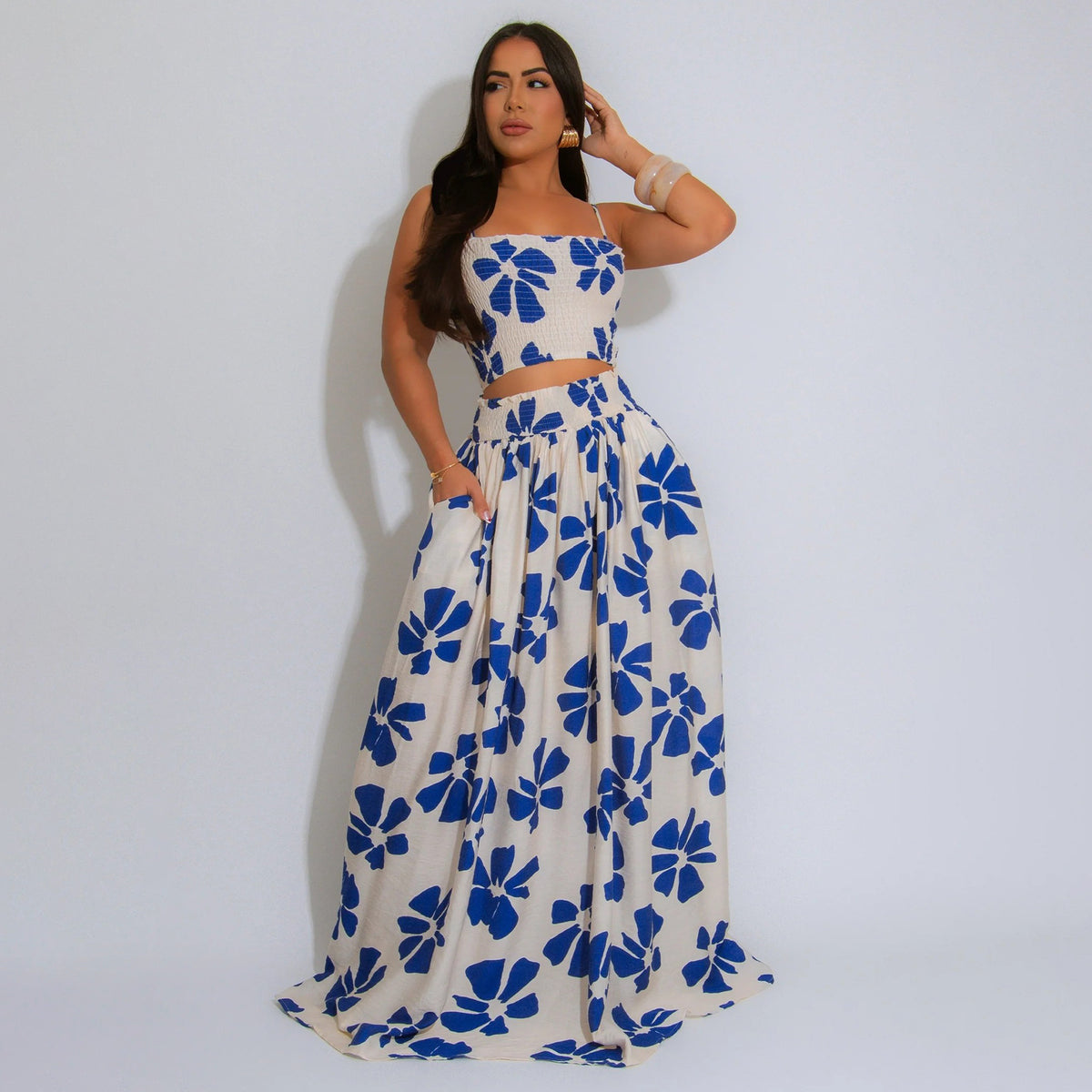 Women's Summer Bohemian Strap Smocking Coordinated Two-Piece Set