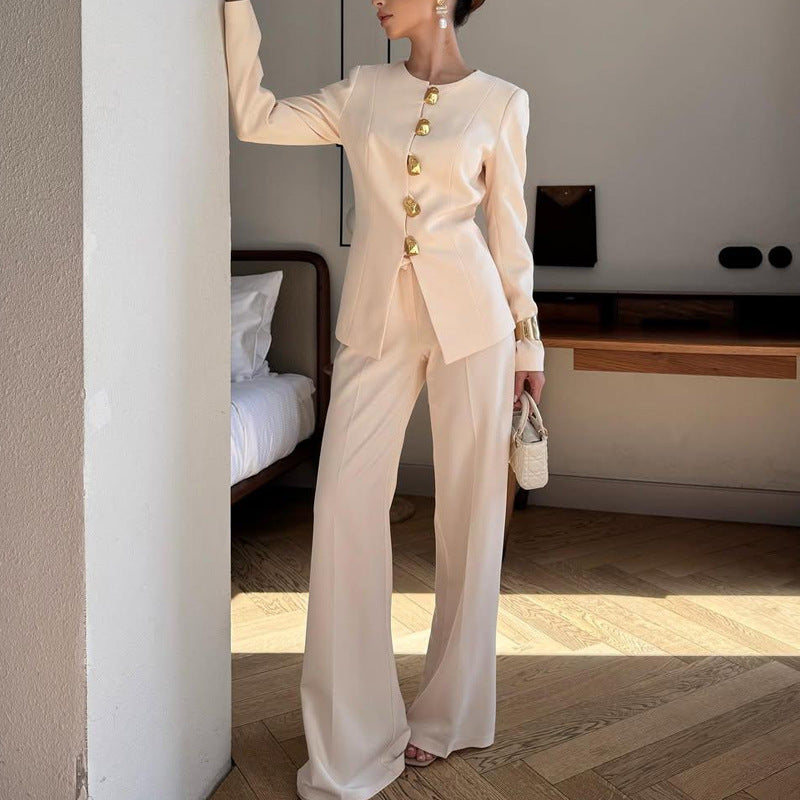 Autumn Winter White Top Straight Loose Trousers Set