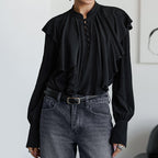 Women's Court French Ruffled Stand Collar Single Breasted Long Sleeve Shirt Women French Lantern Sleeve Loose Solid Color Top