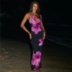 Casual Floral Print Cross Halterneck Lace Up Fishtail Maxi Dress