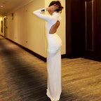 Solid Color Long Sleeve Fishtail Dress Button Backless