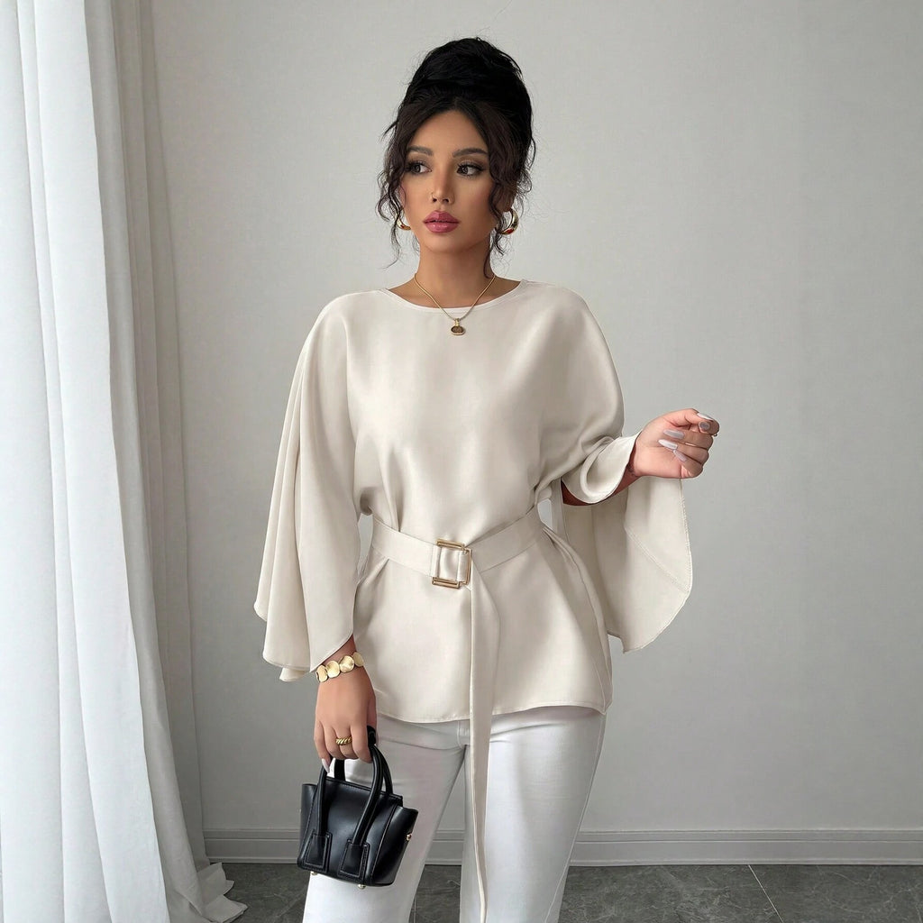 Women's Women French Gentle Beige Coat Women Round Neck Waist Trimming Slimming Shirt