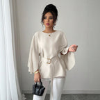 Women's Women French Gentle Beige Coat Women Round Neck Waist Trimming Slimming Shirt