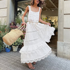Bohemian White Long Lace Tiered Dress