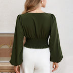 Women’s Army Green Ruffle V Neck Long Sleeve Top