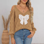 Women off the Shoulder Strap Sweater Women Lace Embroidered Bow Decoration Deep V Plunge Twist Woven Cover Sweater
