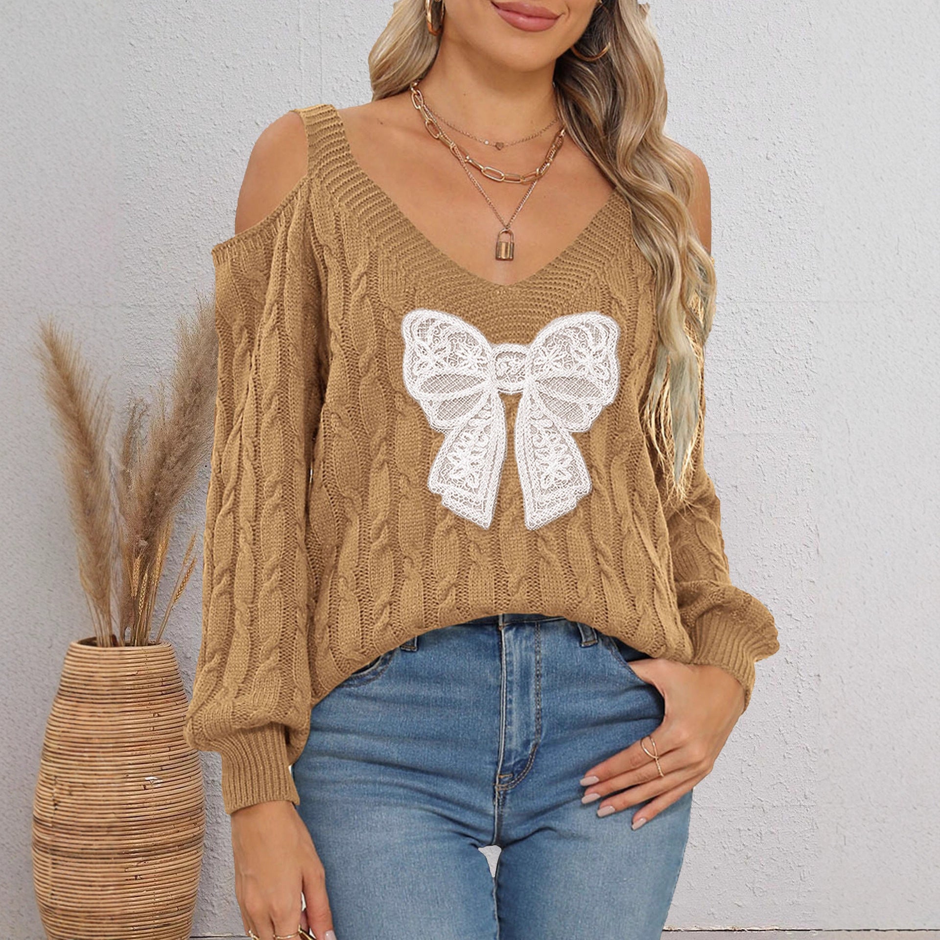 Women off the Shoulder Strap Sweater Women Lace Embroidered Bow Decoration Deep V Plunge Twist Woven Cover Sweater