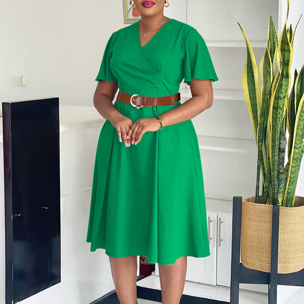 Women's Belted V-Neck Flutter-Sleeve Dress