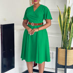 Women's Belted V-Neck Flutter-Sleeve Dress