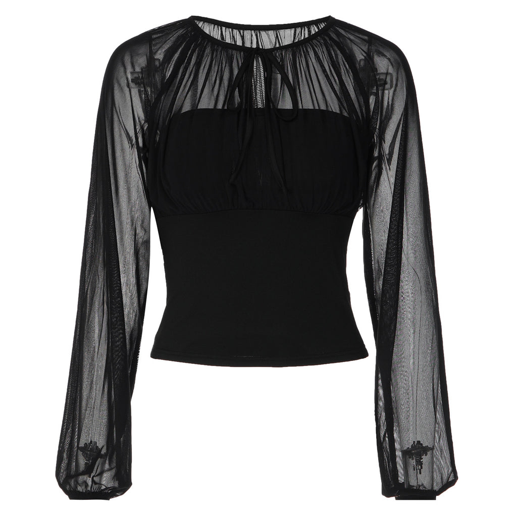 Women's Sheer Mesh Long Sleeve Patchwork Crop Top