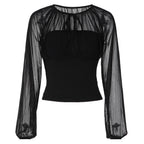 Women's Sheer Mesh Long Sleeve Patchwork Crop Top