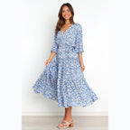 Women's Floral Mid-Sleeve V neck Dress