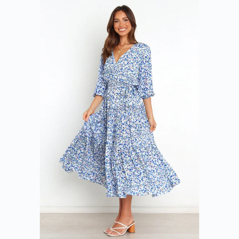 Women's Floral Mid-Sleeve V neck Dress