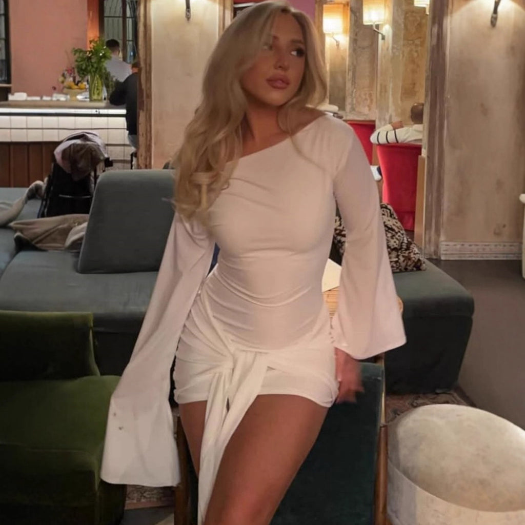 Women's One-Shoulder Tie Ruched Split Long-Sleeve Bodycon Mini Dress