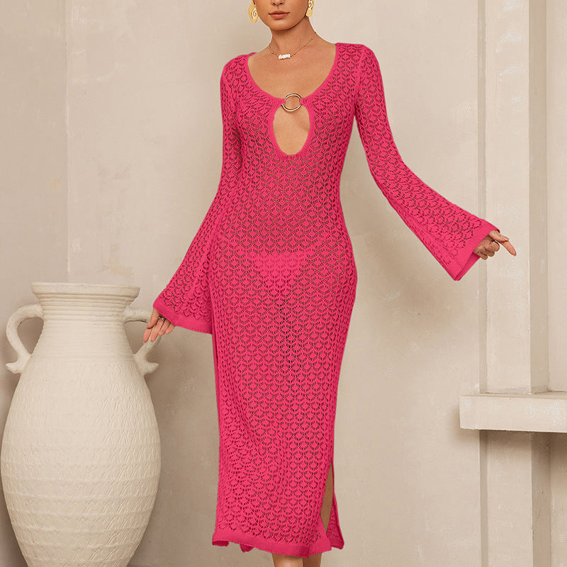 Backless women's dress in coral with long sleeves and oval cutout neckline