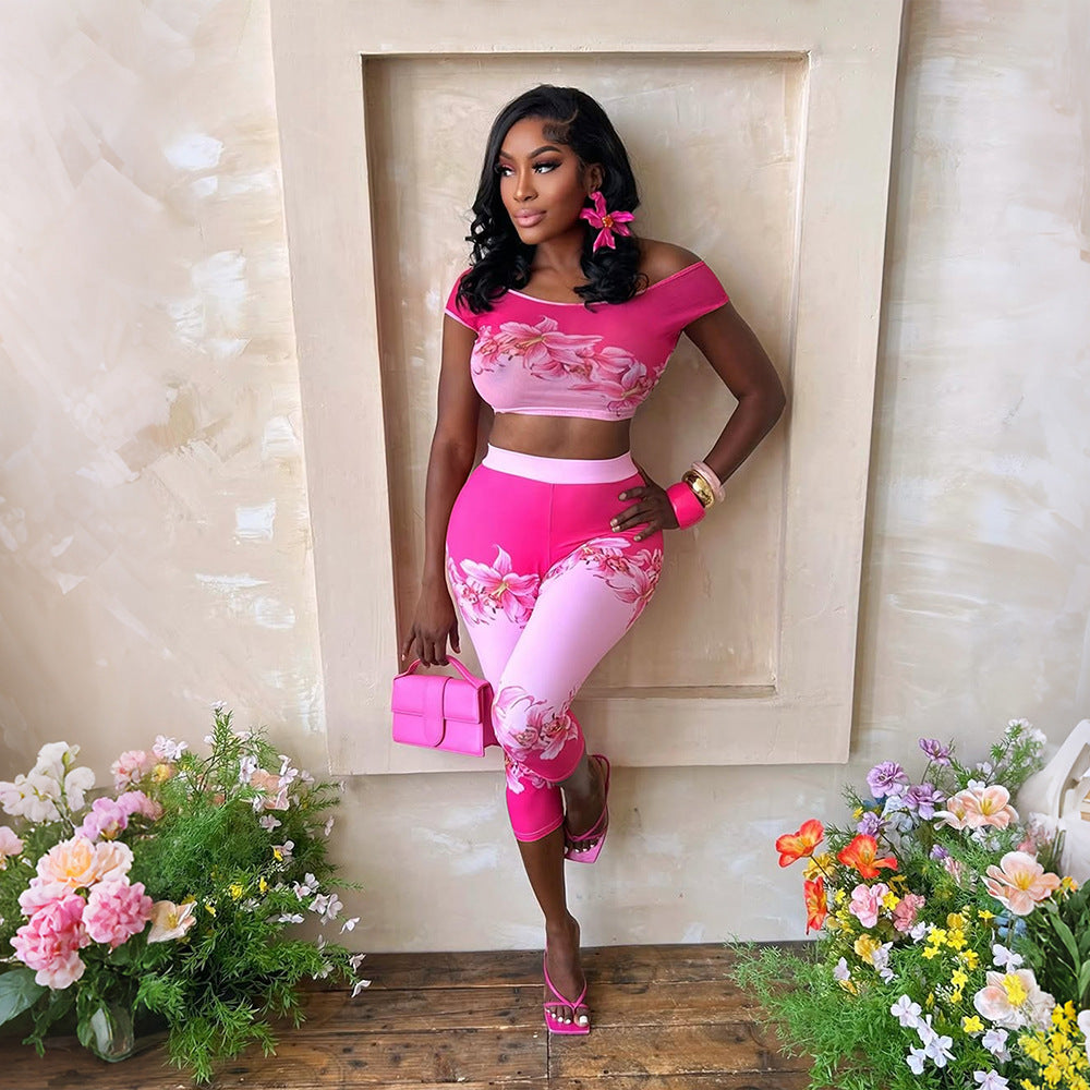 Floral Print Drop Shoulder High Waist Top Pants Set